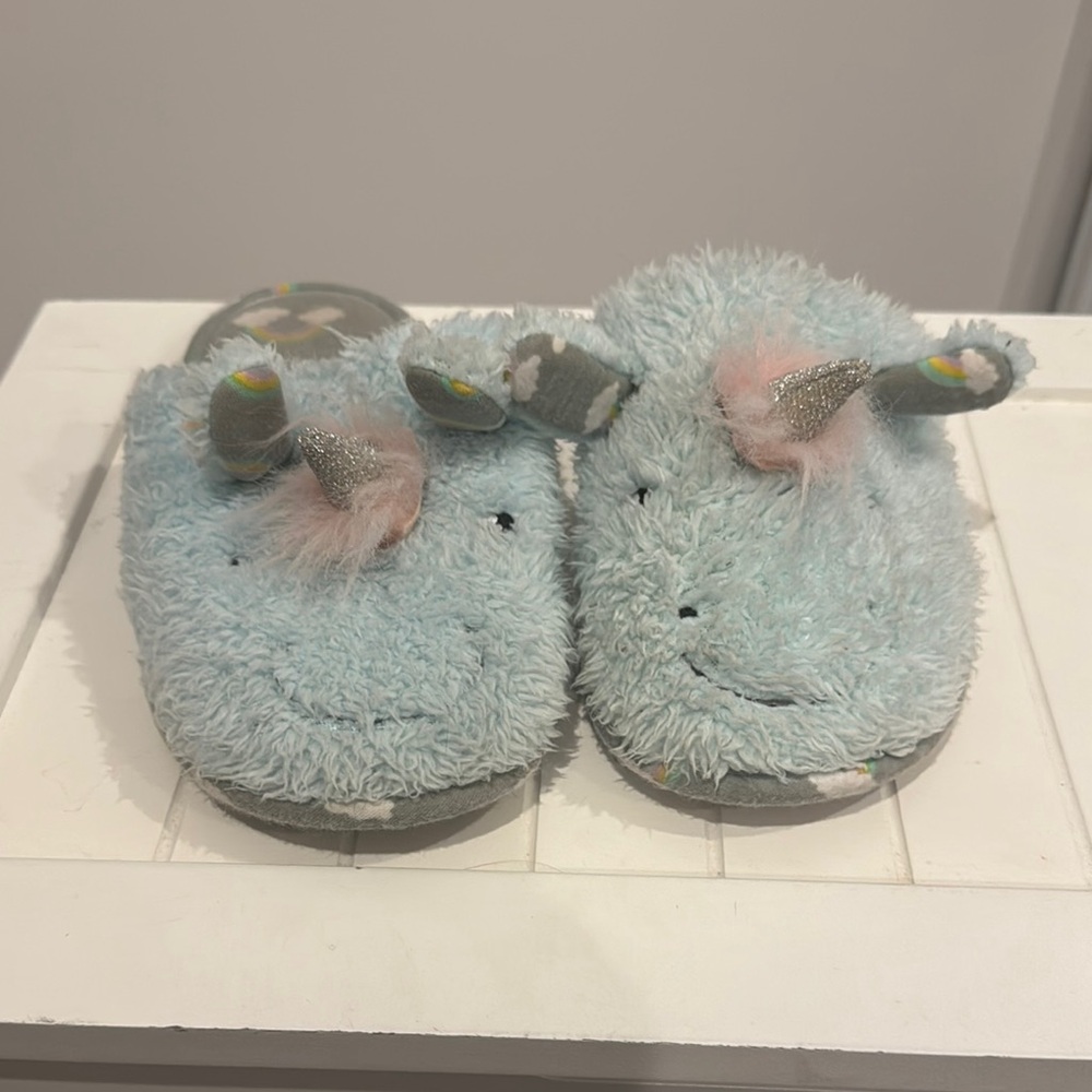 Blue Unicorn Slippers with Silver Horn